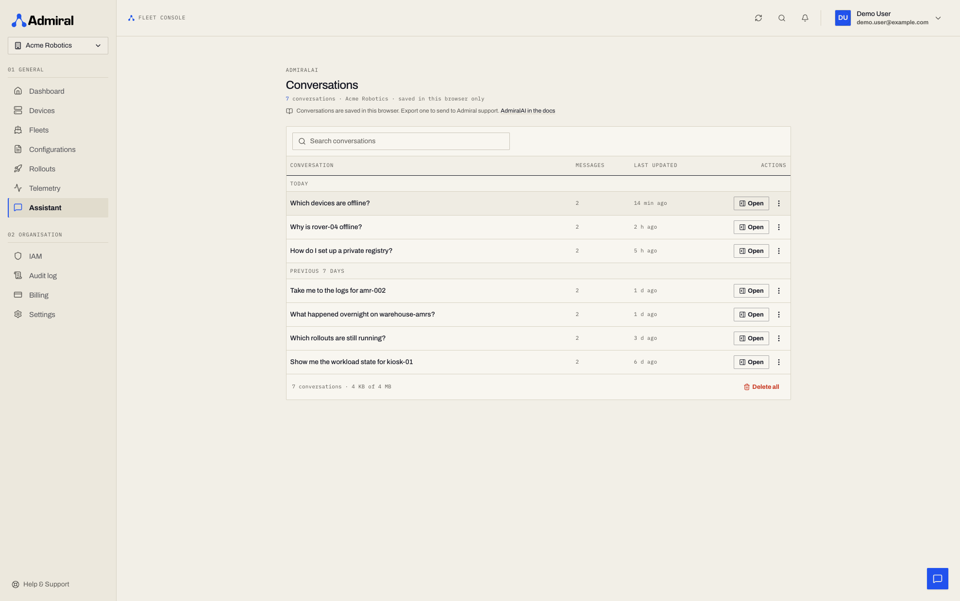 Assistant history page listing saved conversations with search, storage used, and Delete all