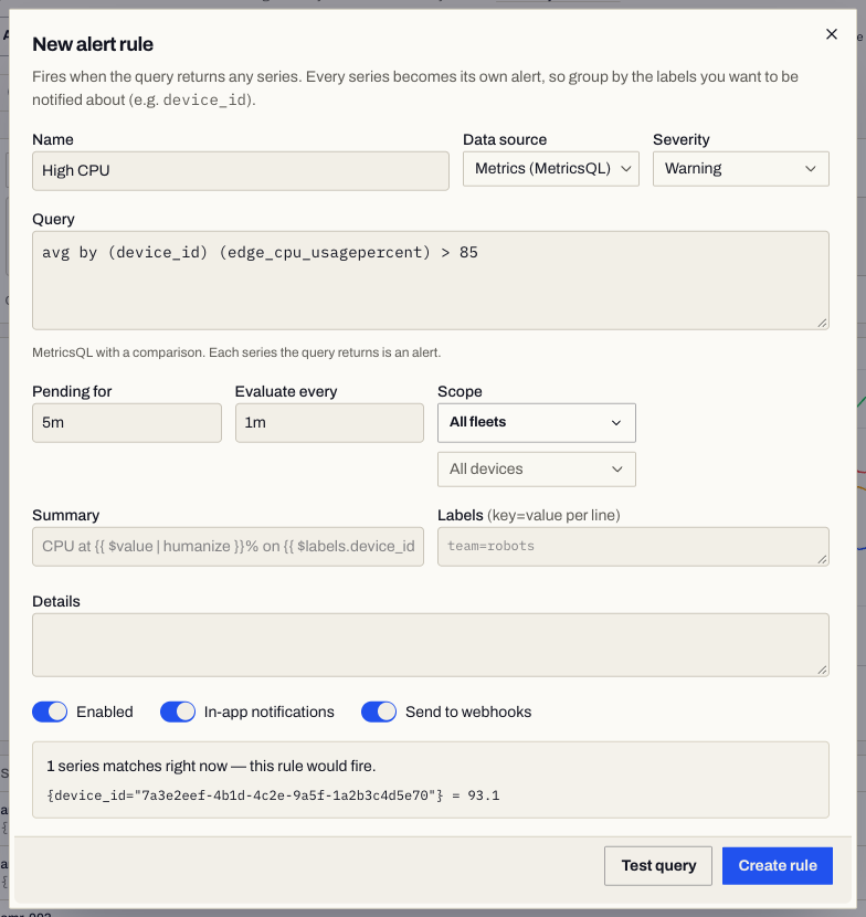 New alert rule dialog after Test query, showing the series that match right now
