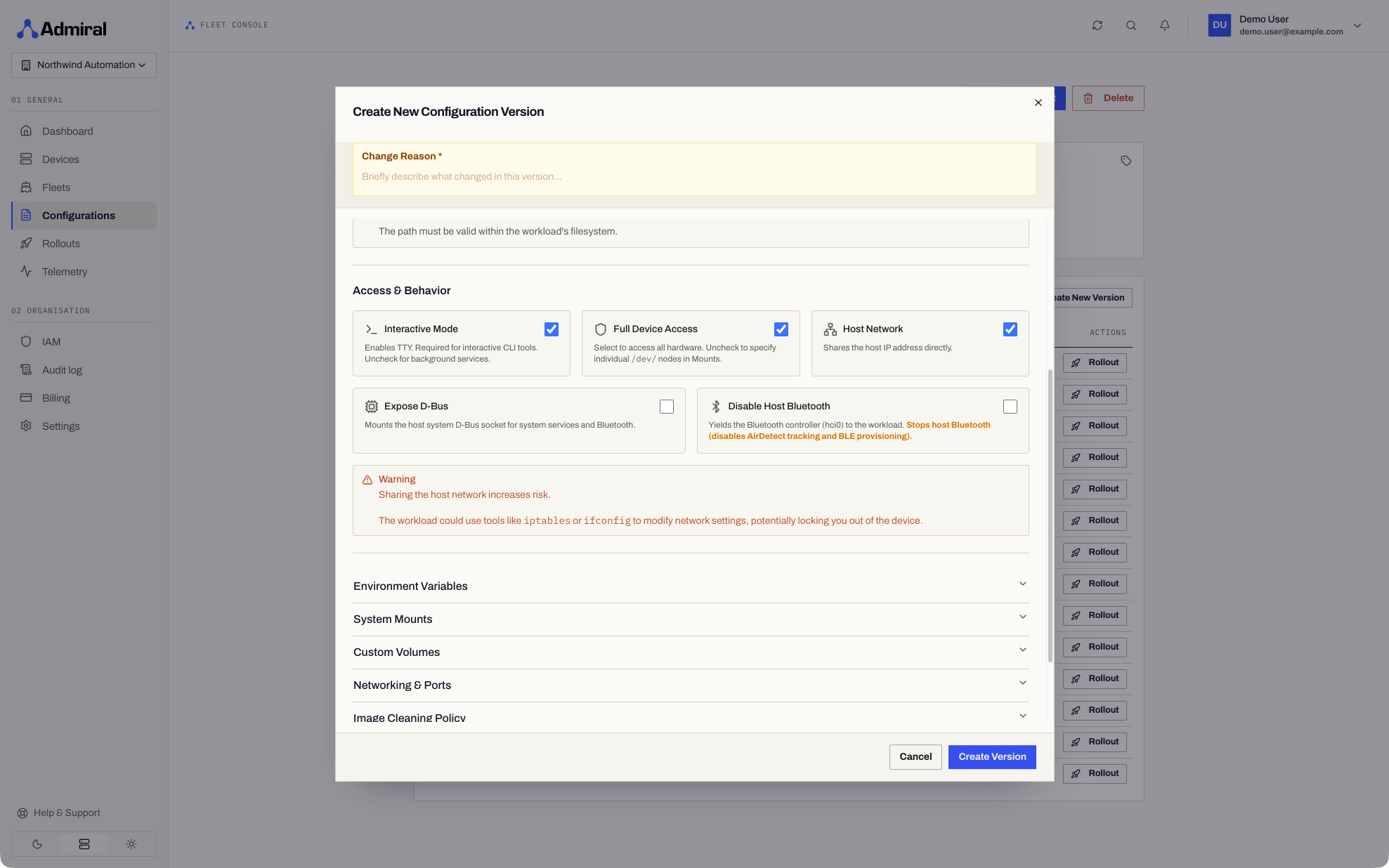 Configuration editor Options with Expose D-Bus and Disable Host Bluetooth, showing the Bluetooth warning