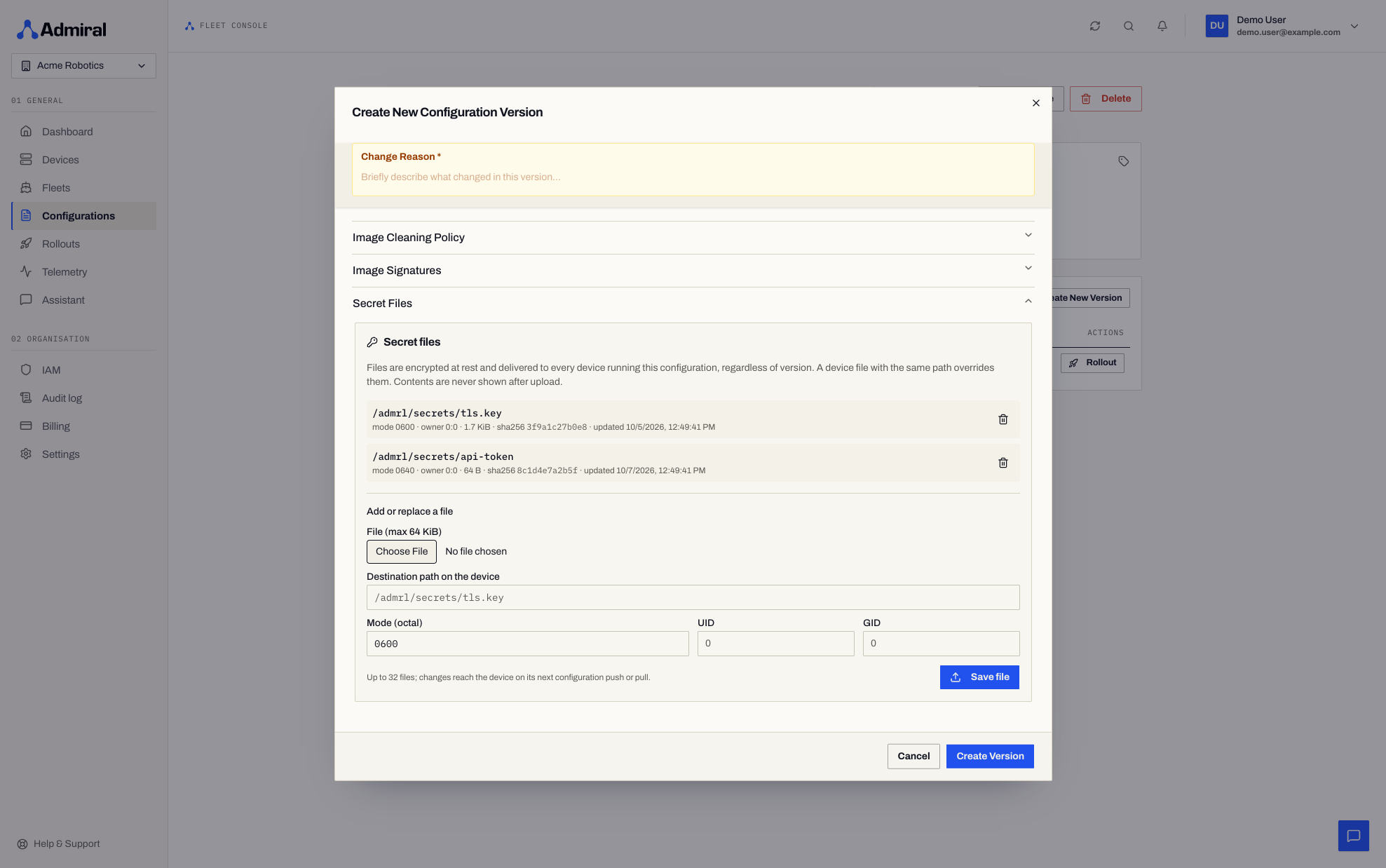 Configuration editor, Secret Files section with two files and the upload form