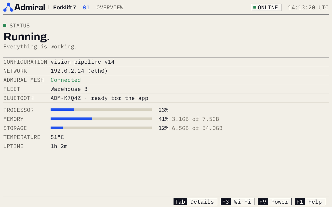 On-device console Overview screen: Running, with configuration, network, fleet and health readouts