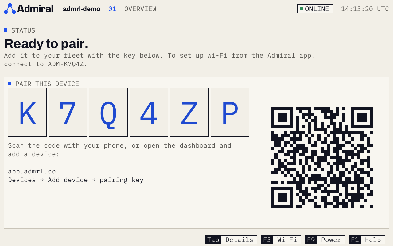 On-device console after first boot: Ready to pair