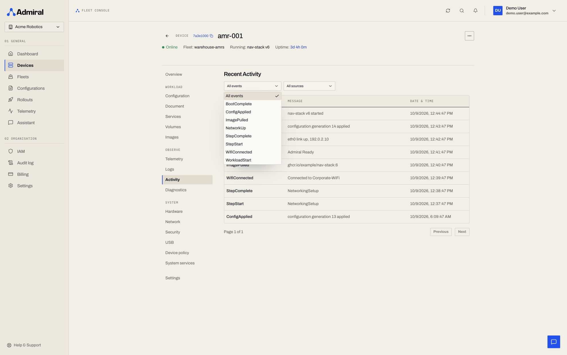 Device > Observe > Activity with event and source filters