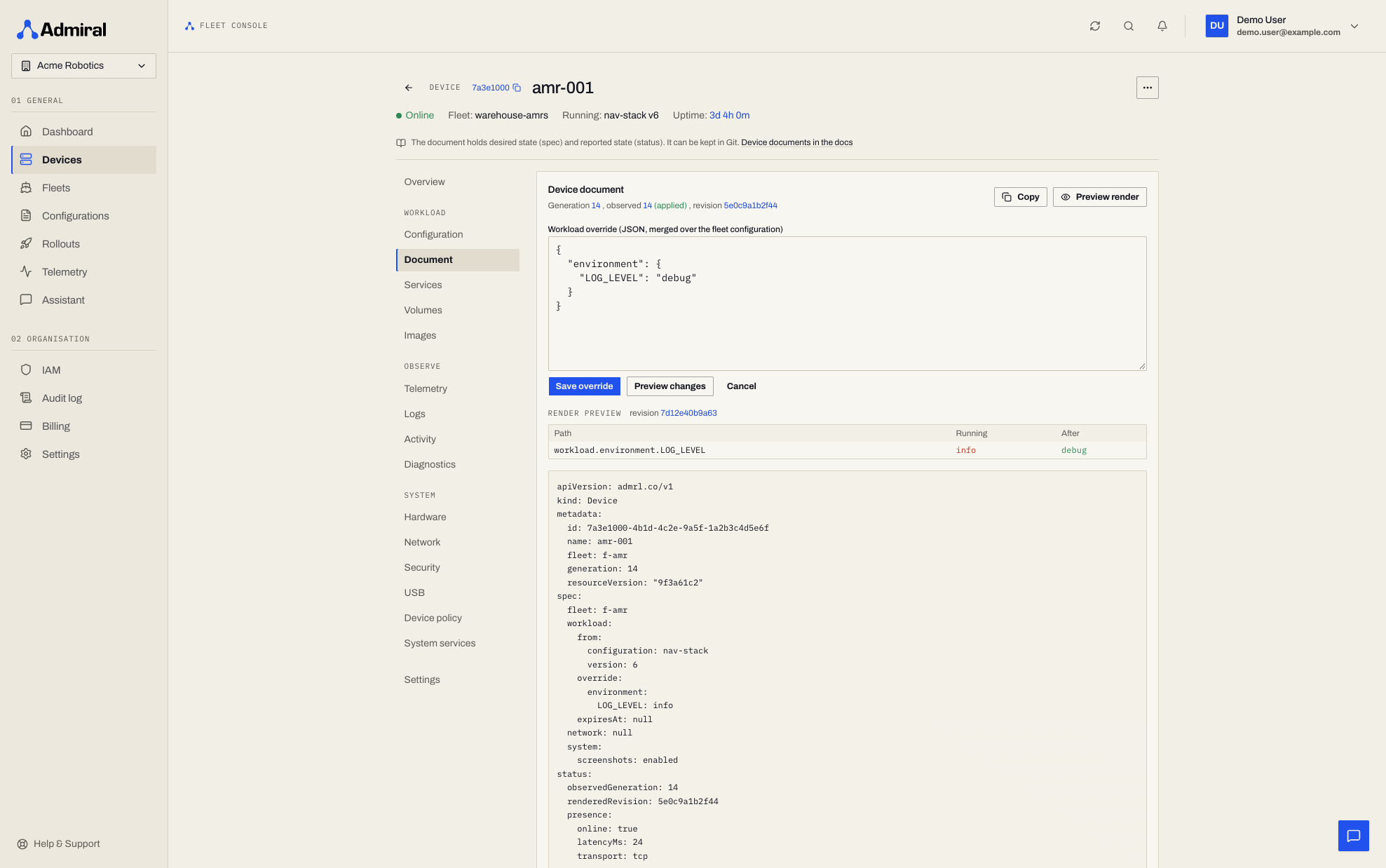Edit override with a changed environment variable and the Render preview table (Path, Running, After)