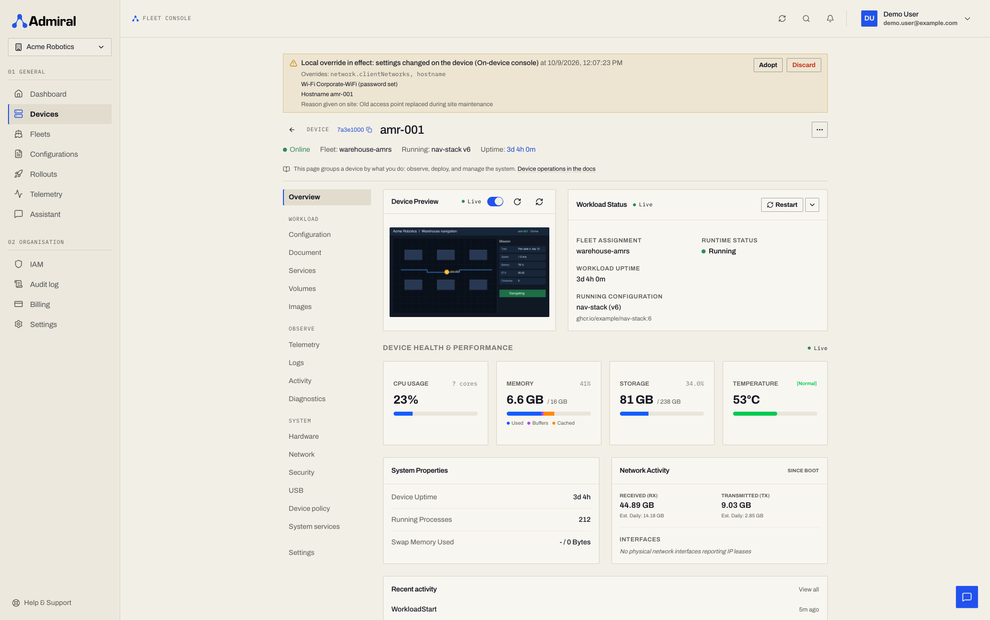 Local override banner: source, time, overridden paths, network summary, Adopt and Discard buttons