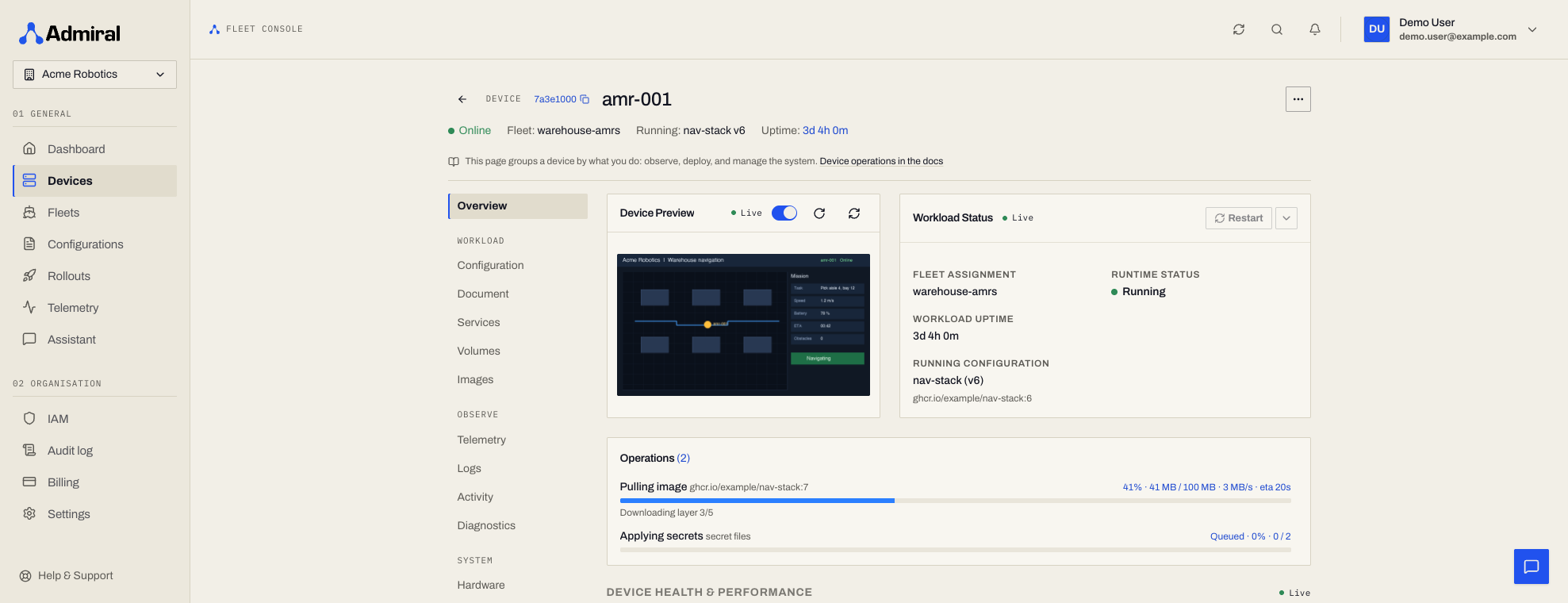 Device Overview: workload status and the Operations card with an image pull at 41 % (rate, ETA, layer 3 of 5)