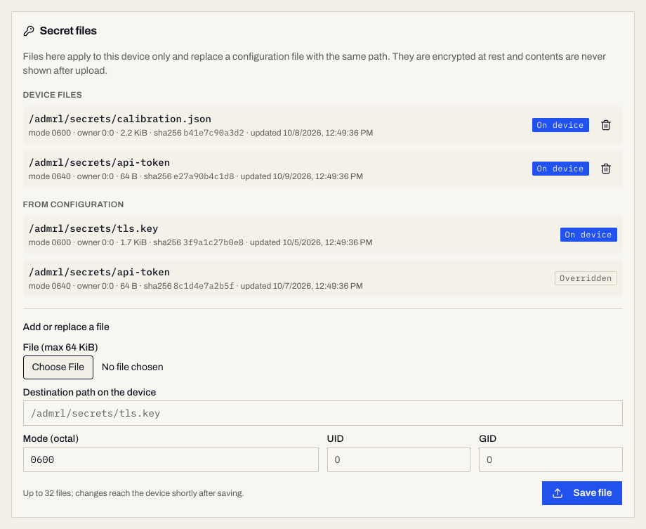 Device > Configuration > Secret files card with Device files, From configuration, and an Overridden badge