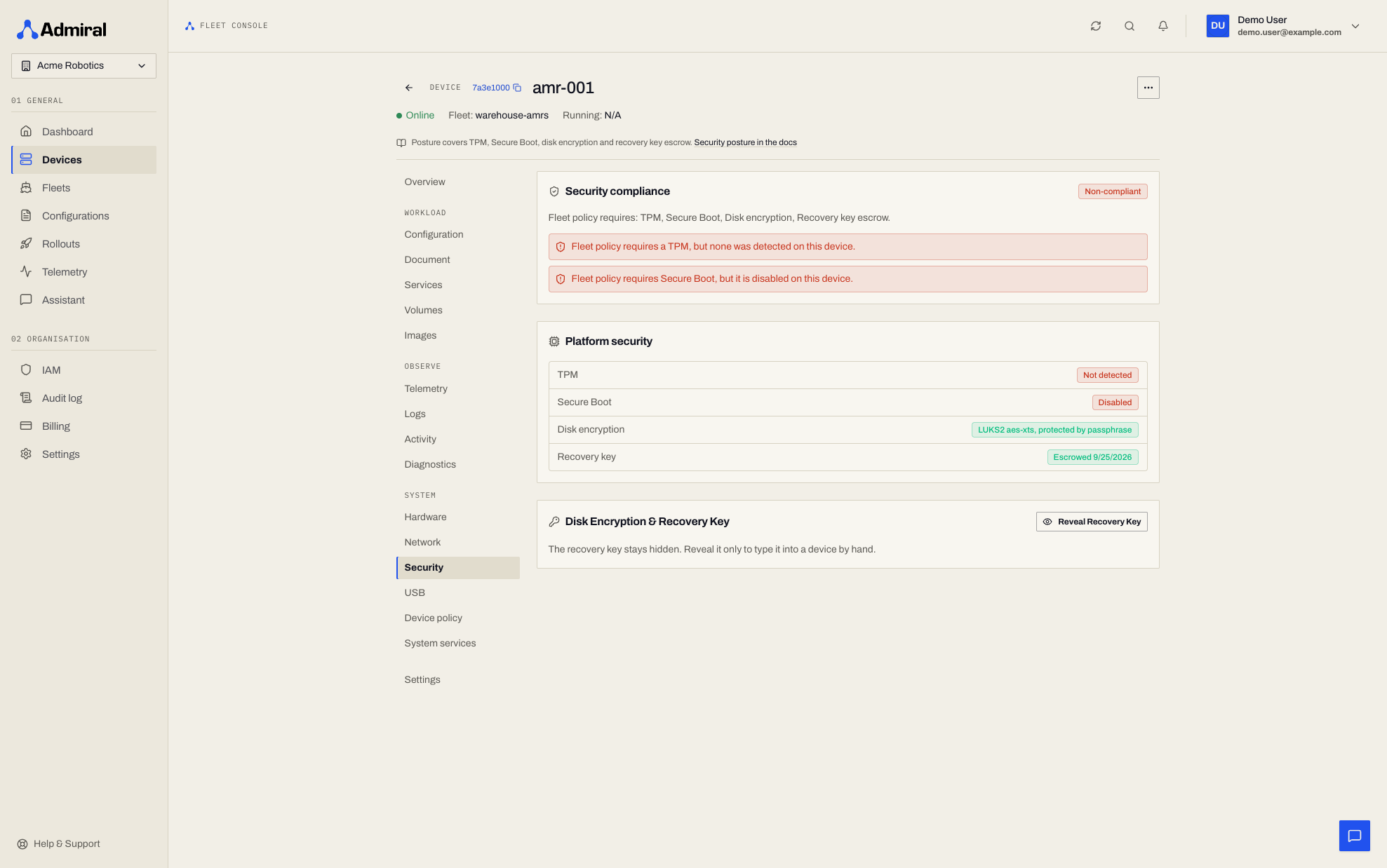 Device > Security tab on a non-compliant device, with the violations list