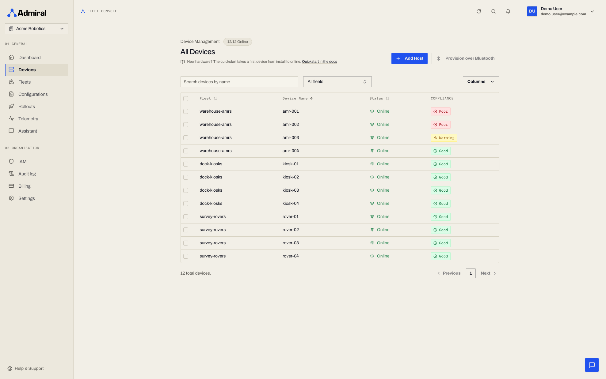Devices list with the Compliance column showing Poor and Warning badges for devices that violate their fleet security policy