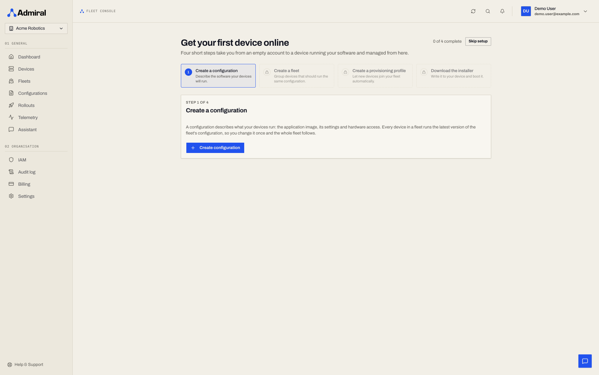 Get your first device online: the setup guide with step 1 active and 0 of 4 complete