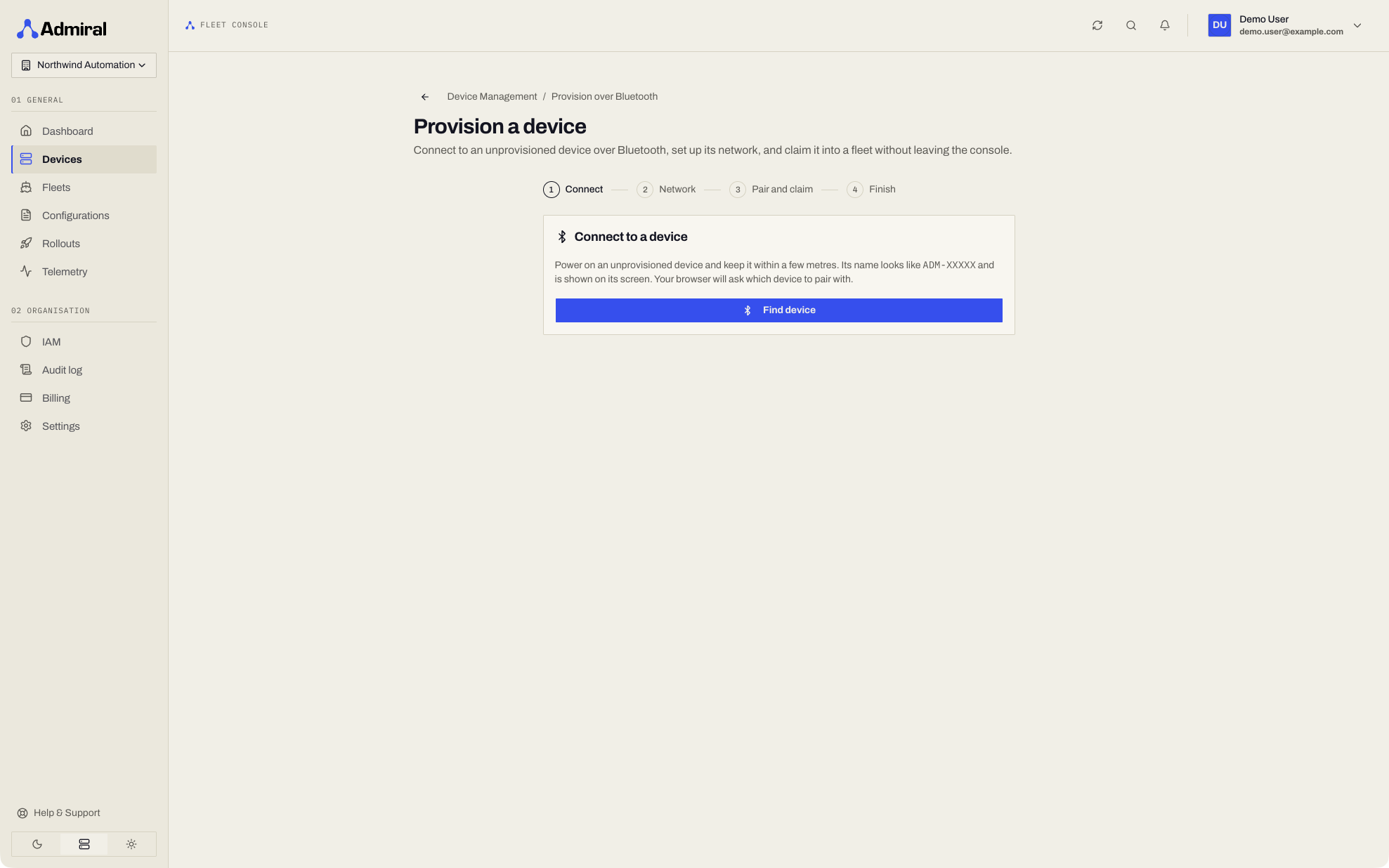 Provision over Bluetooth: Connect step with the Find device button