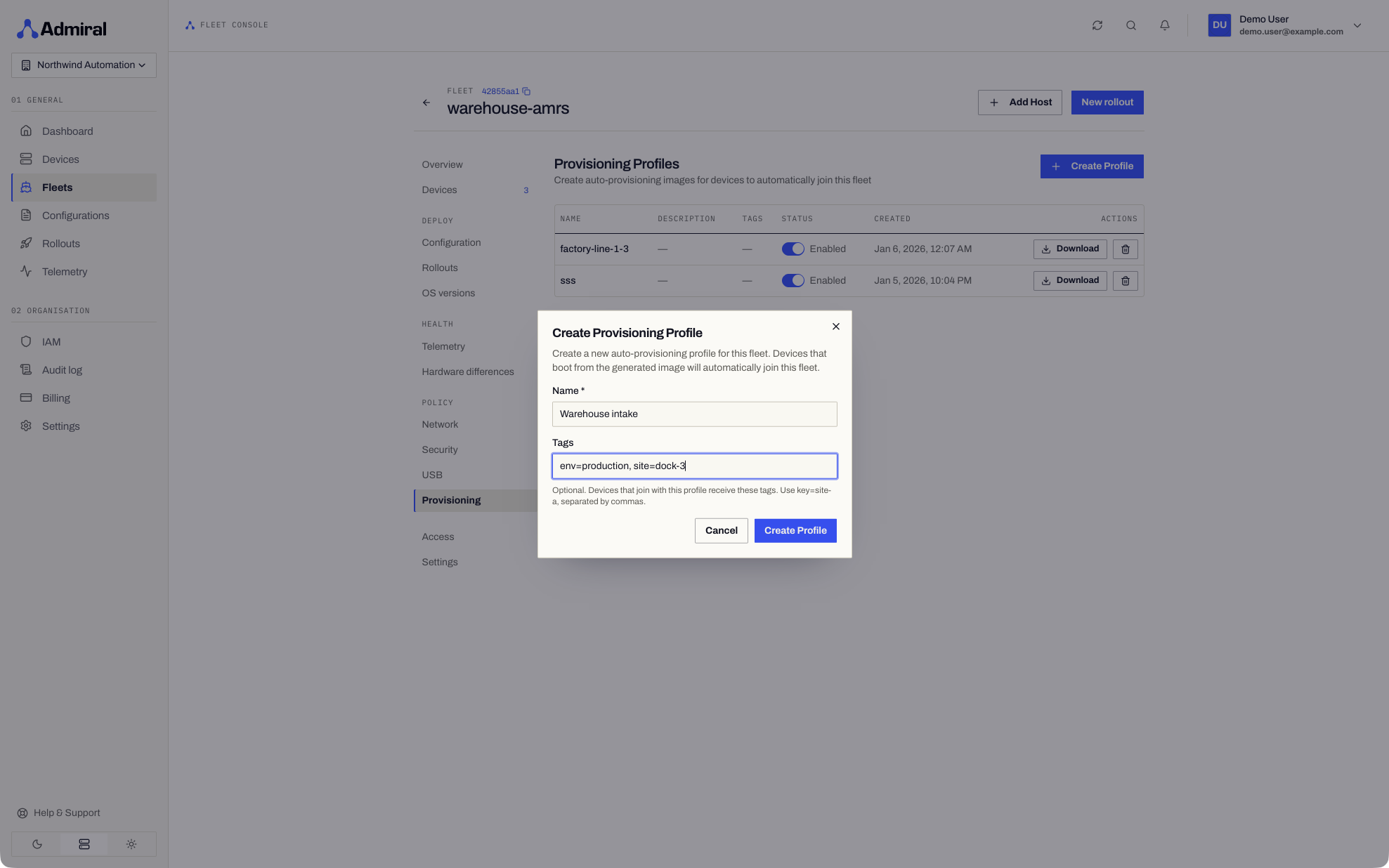 Create Provisioning Profile dialog with name and tags