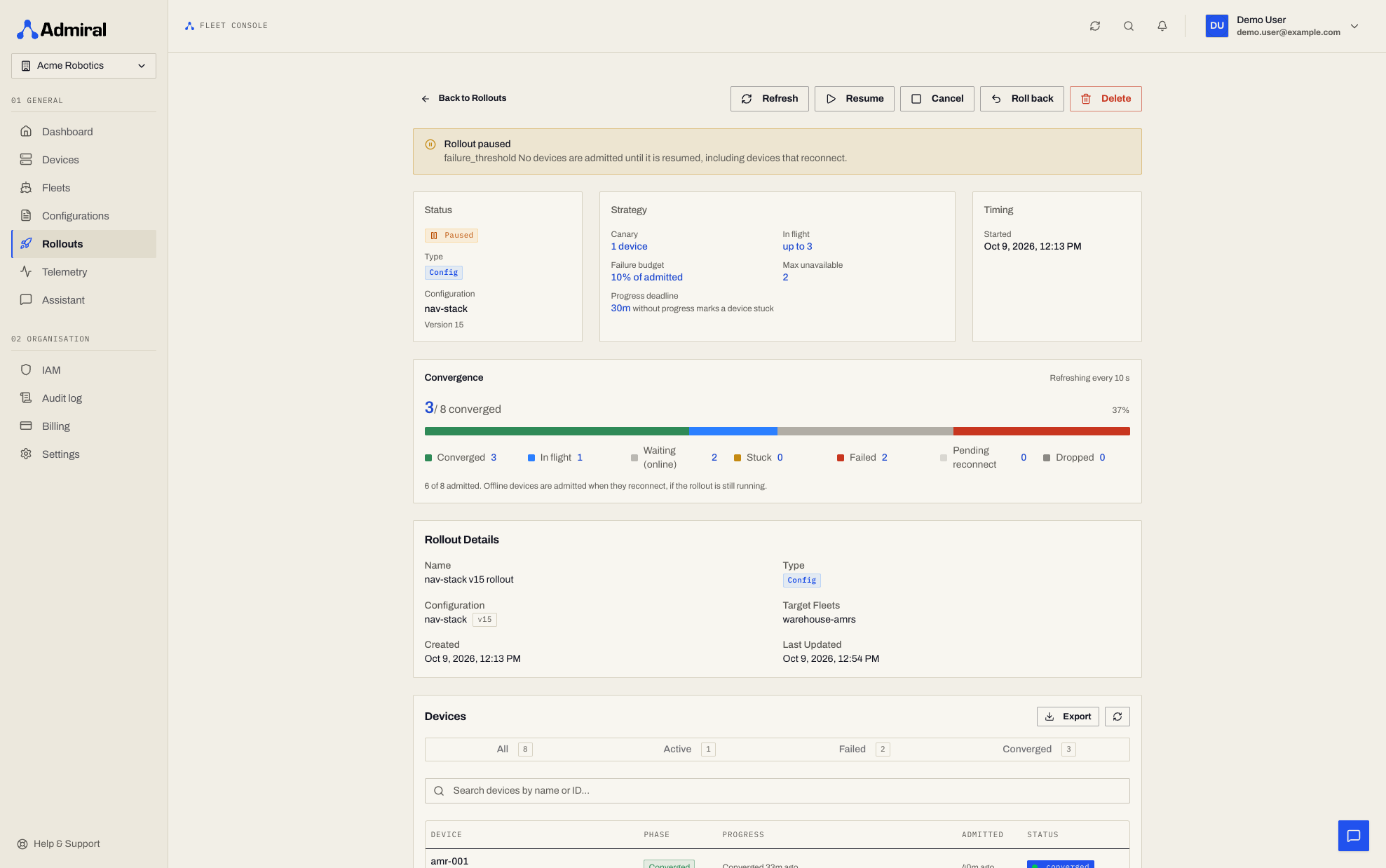 Rollout detail with the Rollout paused banner (failure budget exceeded) and the Resume / Cancel / Roll back buttons