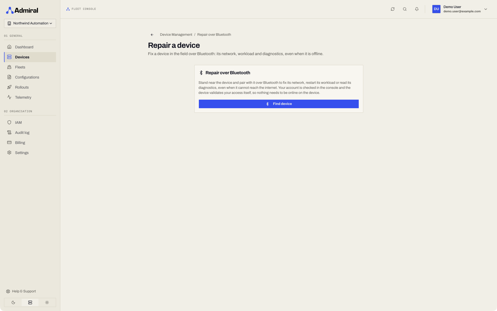 Bluetooth field service: Overview tab with workload controls and the Access scopes in the header