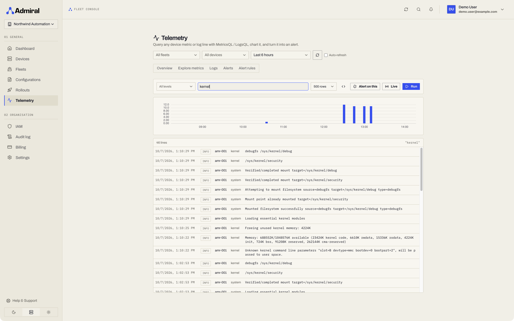 Logs history: histogram and results for a search